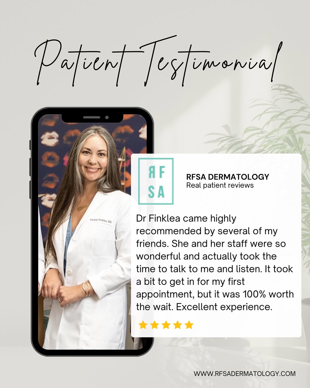 Instagram post by Dr. Lindsey Finklea: ⭐️⭐️⭐️⭐️⭐️ Nothing means more to us than hearing from our patients. Thank you for trusting Dr. Finklea and our team with your skin health. W…
