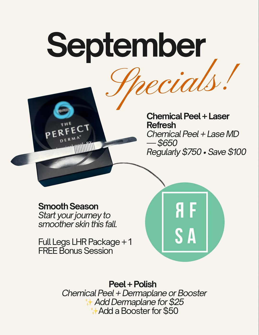 Instagram post by Dr. Lindsey Finklea: 🍂 Hello, September! ✨ Fresh skin, fresh season, fresh specials! Book your September appointment & save! #rfsadermatology #septemberspecials…