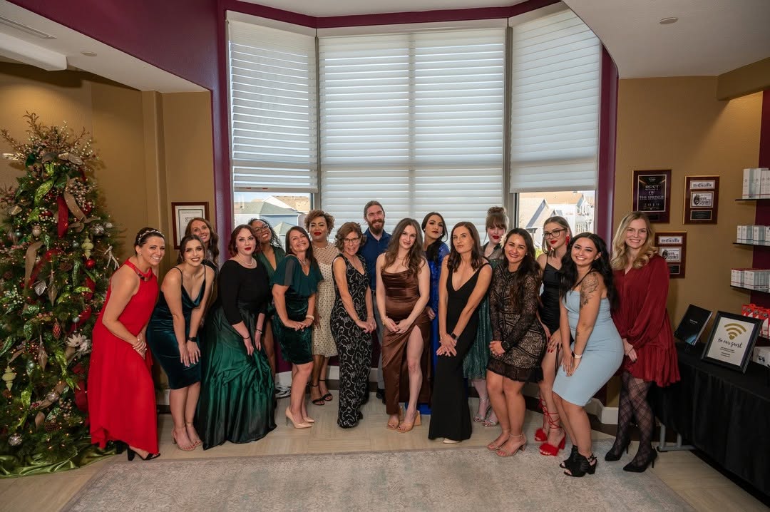 Instagram post by Dr. Lisa Jenks: We've got chemis-tree 🎄 #GenesisMedspa #holidayparty #youcleanupnicely #skincare #teamwork #aesthetics #teamphoto #teamworkmakesthedreamwor…
