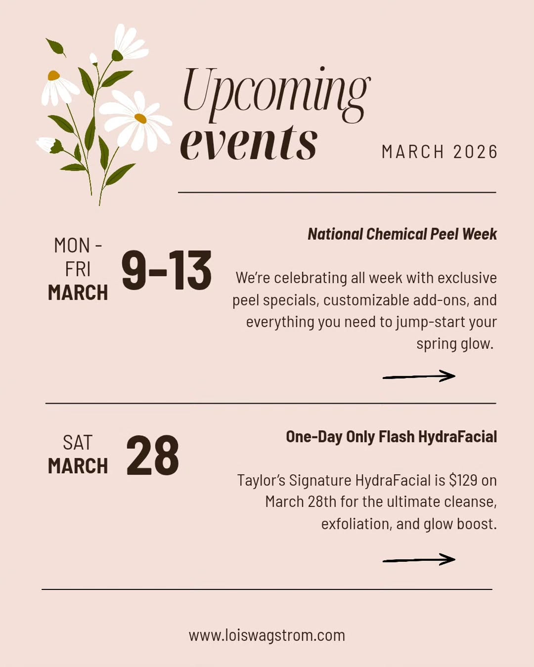 Instagram post by Dr. Lois Wagstrom: Peels, perks, and a one-day HydraFacial steal - March is stacked. Swipe for all the goodies 💚🌼
