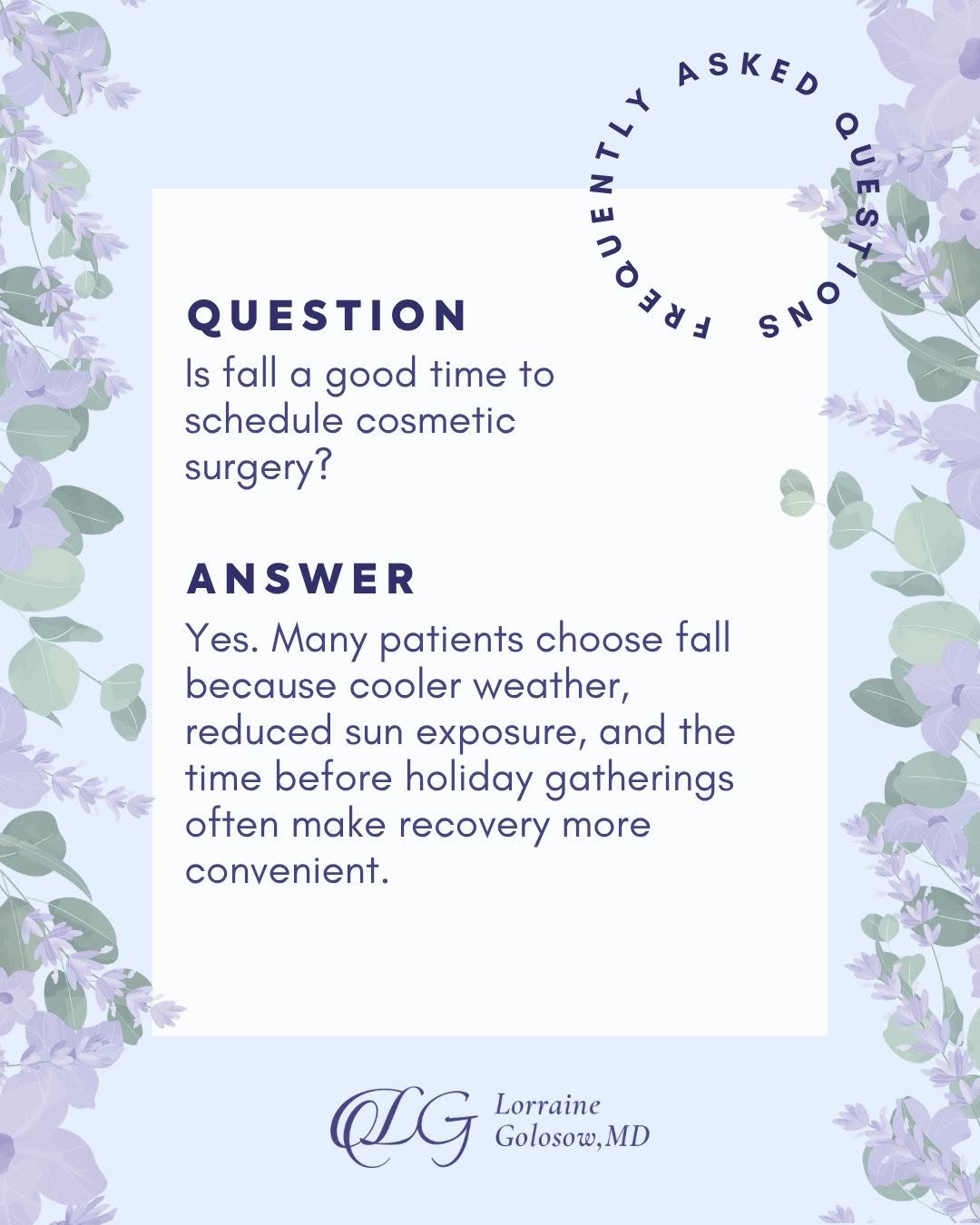 Instagram post by Dr. Lorraine M. Golosow: Many patients choose fall for aesthetic procedures because cooler weather, reduced sun exposure, and the time leading up to the holiday seas…