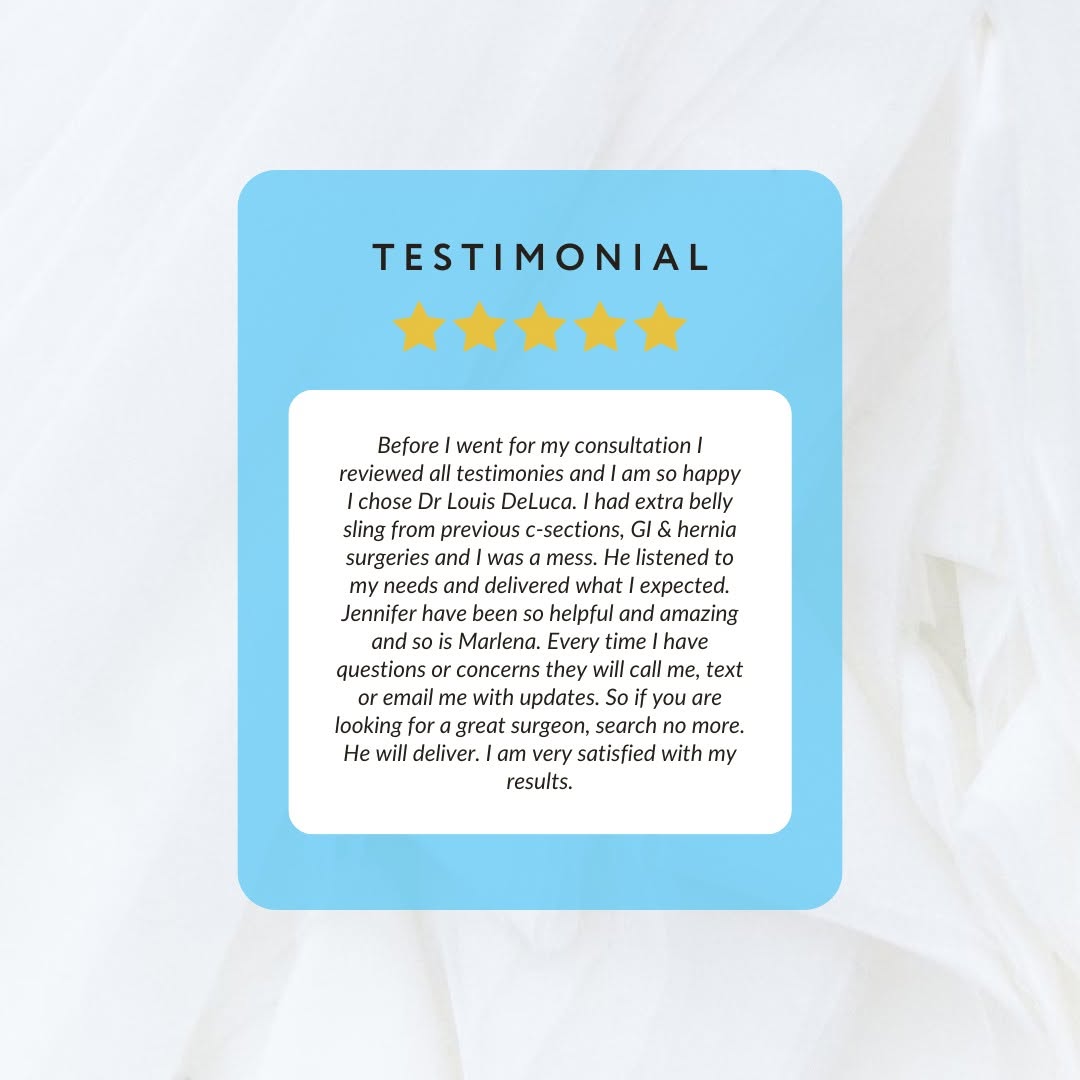 Instagram post by Dr. Louis DeLuca: "Before I went for my consultation I reviewed all testimonies and I am so happy I chose Dr Louis DeLuca. I had an extra belly sling from pre…