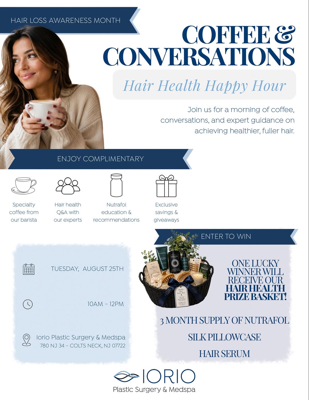 Instagram post by Dr. Louis M. Iorio: Join us for a morning of coffee, conversations, and expert guidance on achieving healthier, fuller hair. Tuesday, August 25th from 10am-12pm…