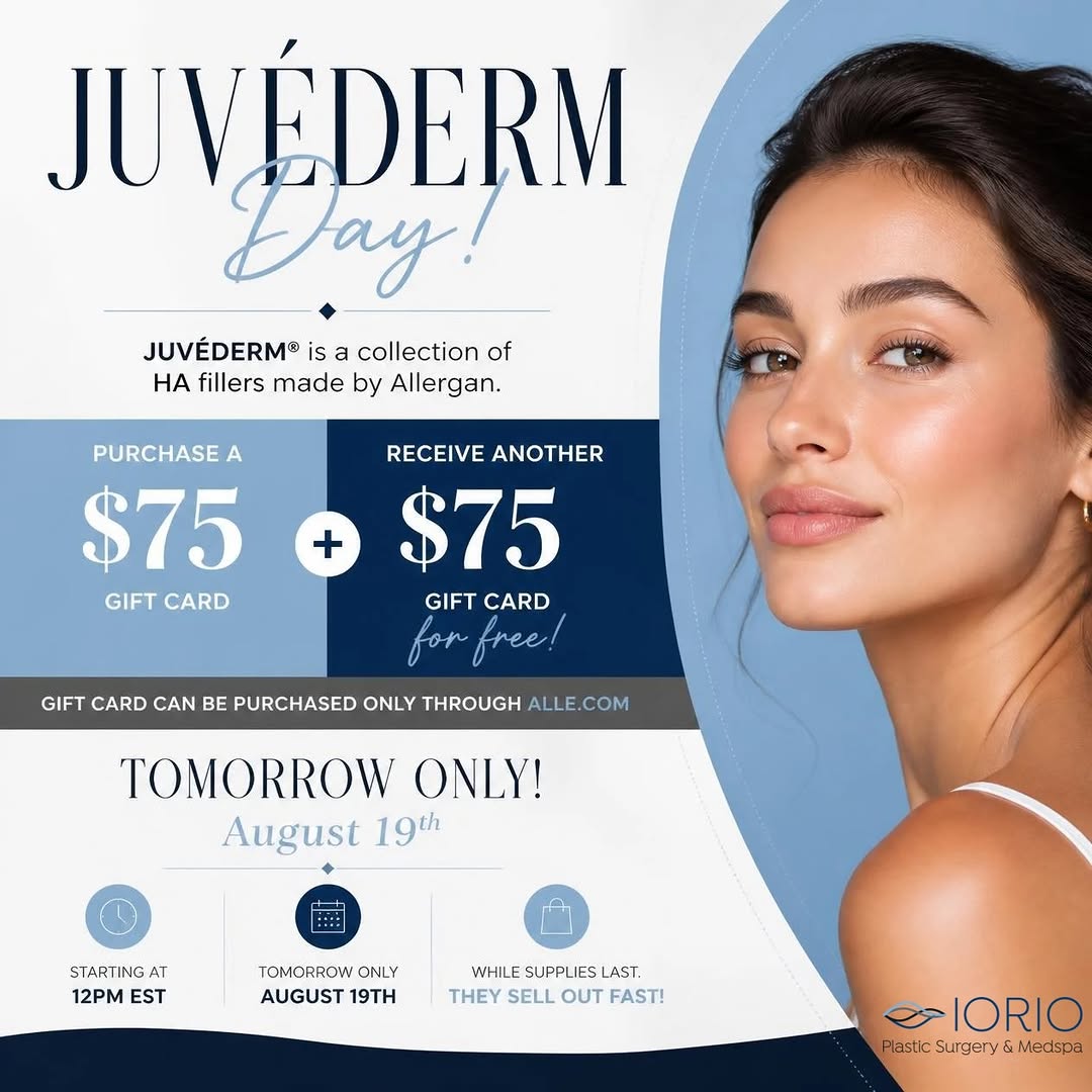 Instagram post by Dr. Louis M. Iorio: 🚨 JUVÉDERM DAY IS TOMORROW! 🚨 A little reminder to mark your calendar! 💙 Starting tomorrow, August 19th at 12 PM EST, purchase a $75 JUVÉ…