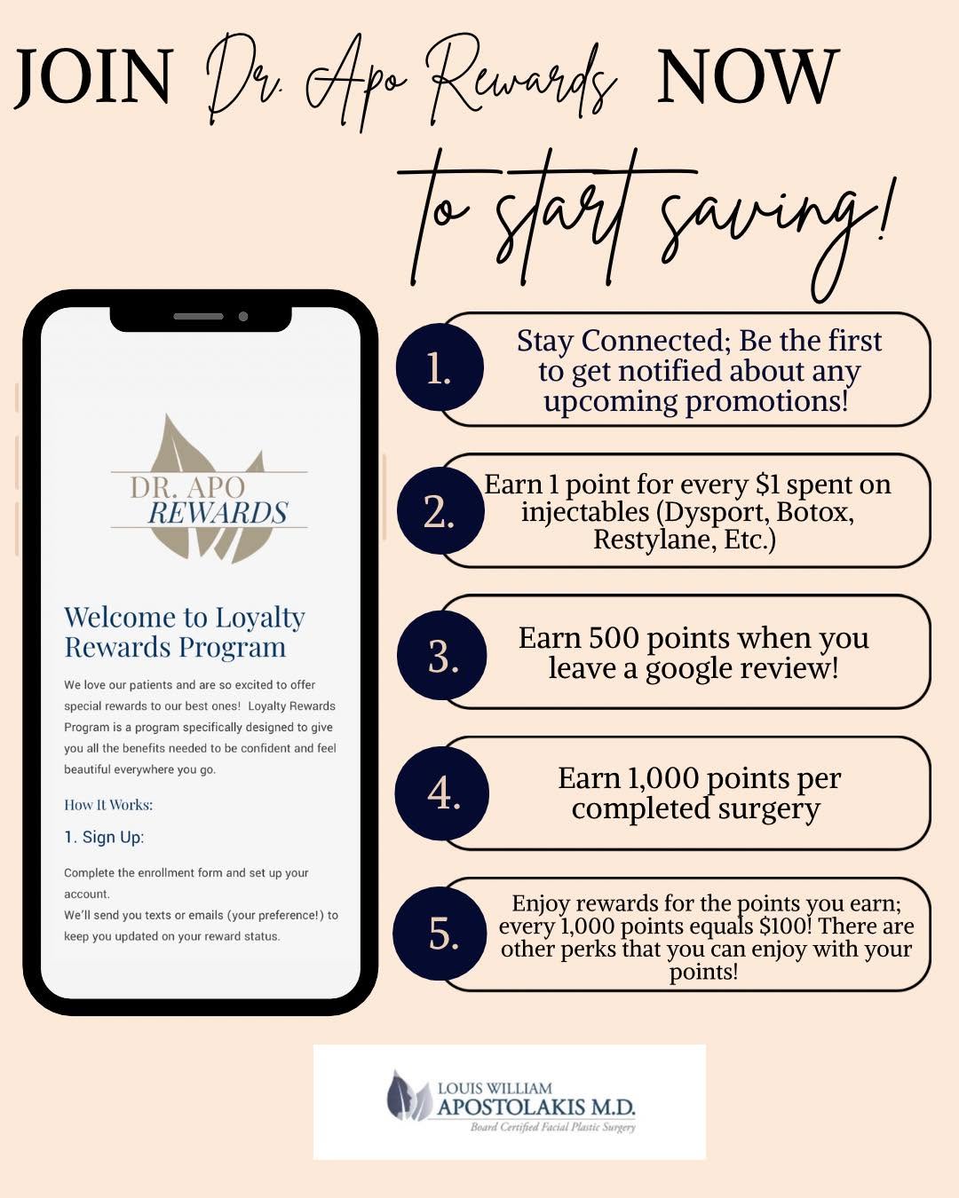 Instagram post by Dr. Louis W. Apostolakis: ✨ Dr. Apo Rewards is here! ✨ We’re excited to introduce our in‑house loyalty program designed to celebrate our amazing patients. Stay connec…