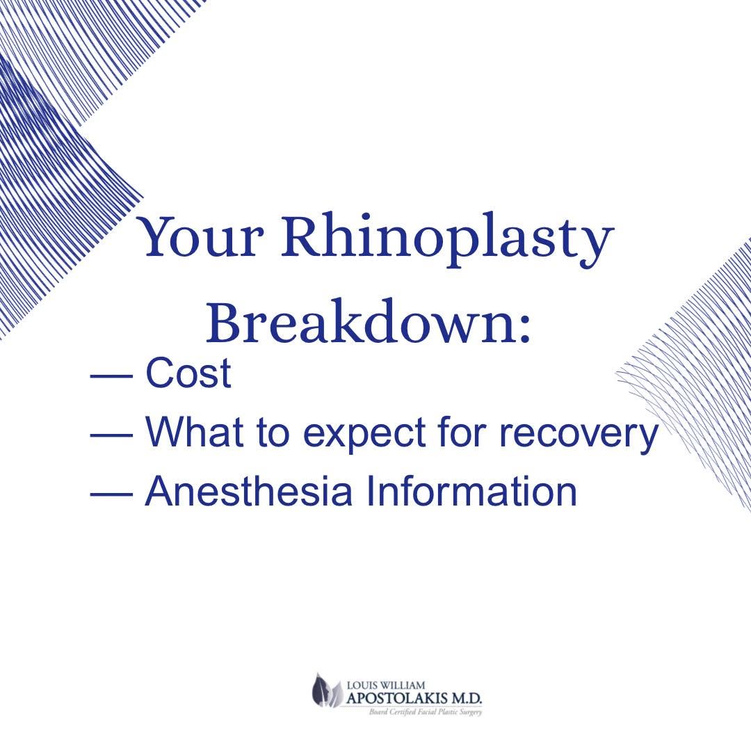 Instagram post by Dr. Louis W. Apostolakis: Are you thinking about a rhinoplasty? This quick guide answers the most asked questions- cost, recovery, and anesthesia- so you know what to…