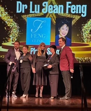 Instagram post by Dr. Lu-Jean Feng: We are so proud of our Marina, Lena and Hanna! Today, they accepted an amazing award from @sciton_inc for excellence in medical grade skinca…