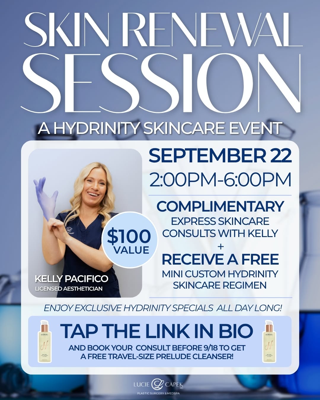 Instagram post by Dr. Lucie Capek: You're Invited to Our Hydrinity Skincare Launch Celebration! 🌊✨ We’re officially welcoming Hydrinity to our practice, and we’re celebrating…
