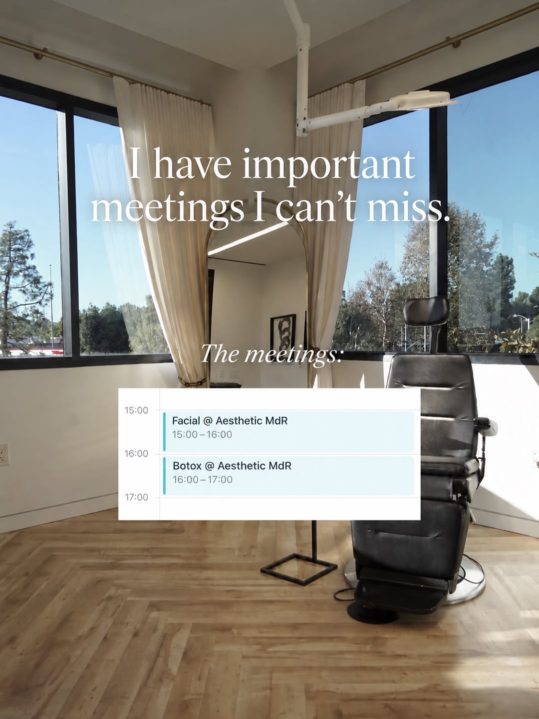 Instagram post by Dr. Luis Macias: Booked, busy, and on Do Not Disturb. 🤍 The meetings? A little me time at Aesthetic MdR Consider this your reminder to make room for you. We…