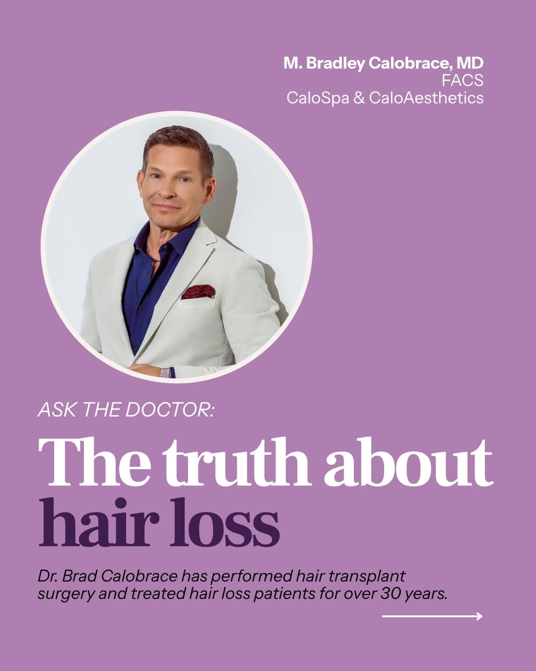 Instagram post by Dr. M. Bradley Calobrace: Roughly 1 in 3 men and 1 in 6 women suffer from pattern hair loss and/or thinning. 🪮 If you’re experiencing hair loss, know you’re not alon…