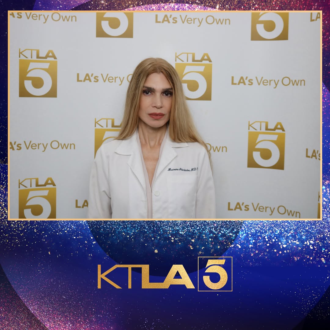 Instagram post by Dr. Macrene Alexiades: A little behind-the-scenes magic at @ktla5news ✨📺 From the photobooth in my white coat to being on set with @lindseypenanews discussing der…