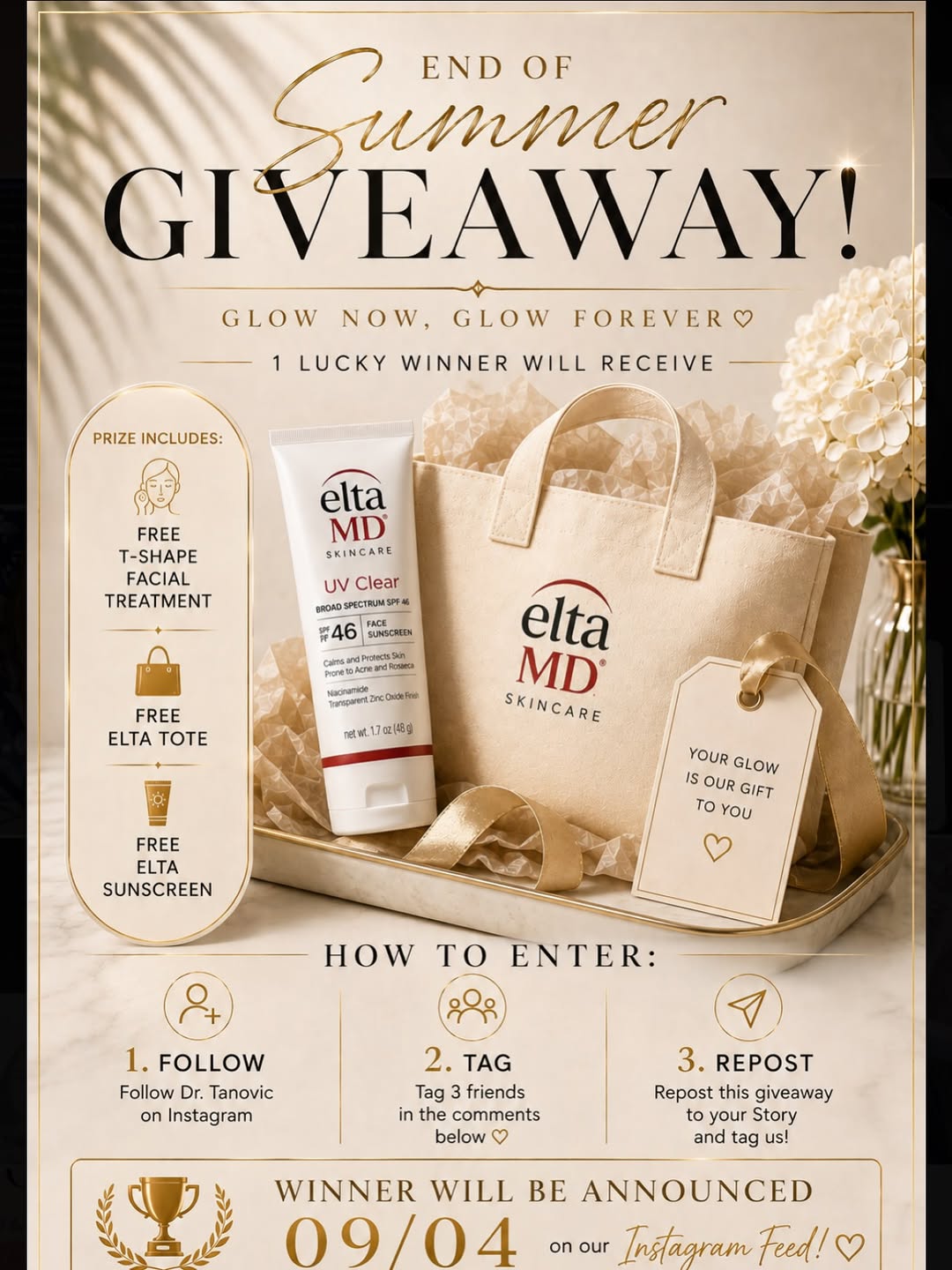 Instagram post by Dr. Mahira Tanovic: ☀️✨ END OF SUMMER GIVEAWAY! ✨☀️ Summer may be coming to an end, but glowing skin is forever! 💛 We’re celebrating with the ultimate self-car…