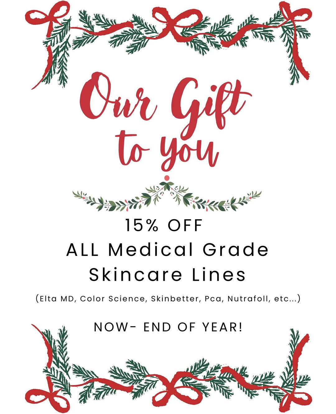 Instagram post by Dr. Mandy Lynn Warthan: Our gift to you 🎁 Enjoy 15% off all medical grade skincare now through the end of the year!