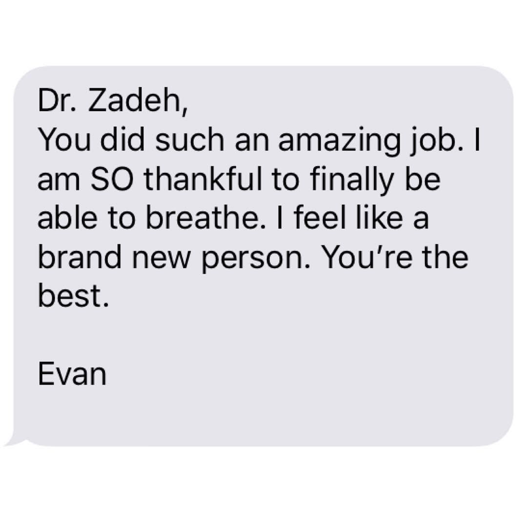Instagram post by Dr. Mani H. Zadeh: I received this text a few hours after a nasal surgery. It’s times like these when I reflect on how much I love my job. It is a true privile…
