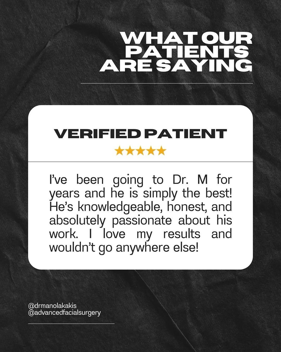 Instagram post by Dr. Manolis Manolakakis, D: ⭐️⭐️⭐️⭐️⭐️ Reviews like this never get old. We’re honored to be a part of our patients’ journeys and grateful for the trust they place in Dr…