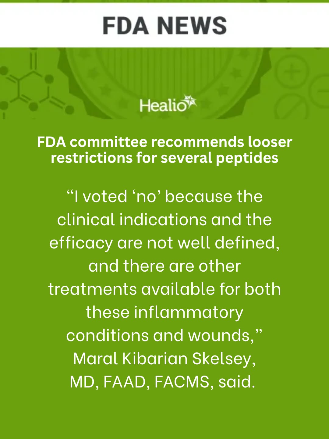 Instagram post by Dr. Maral Skelsey: Peptide therapies are a hot topic in medicine and aesthetics. As a member of an FDA Advisory Committee, I recently voted on whether to ease …