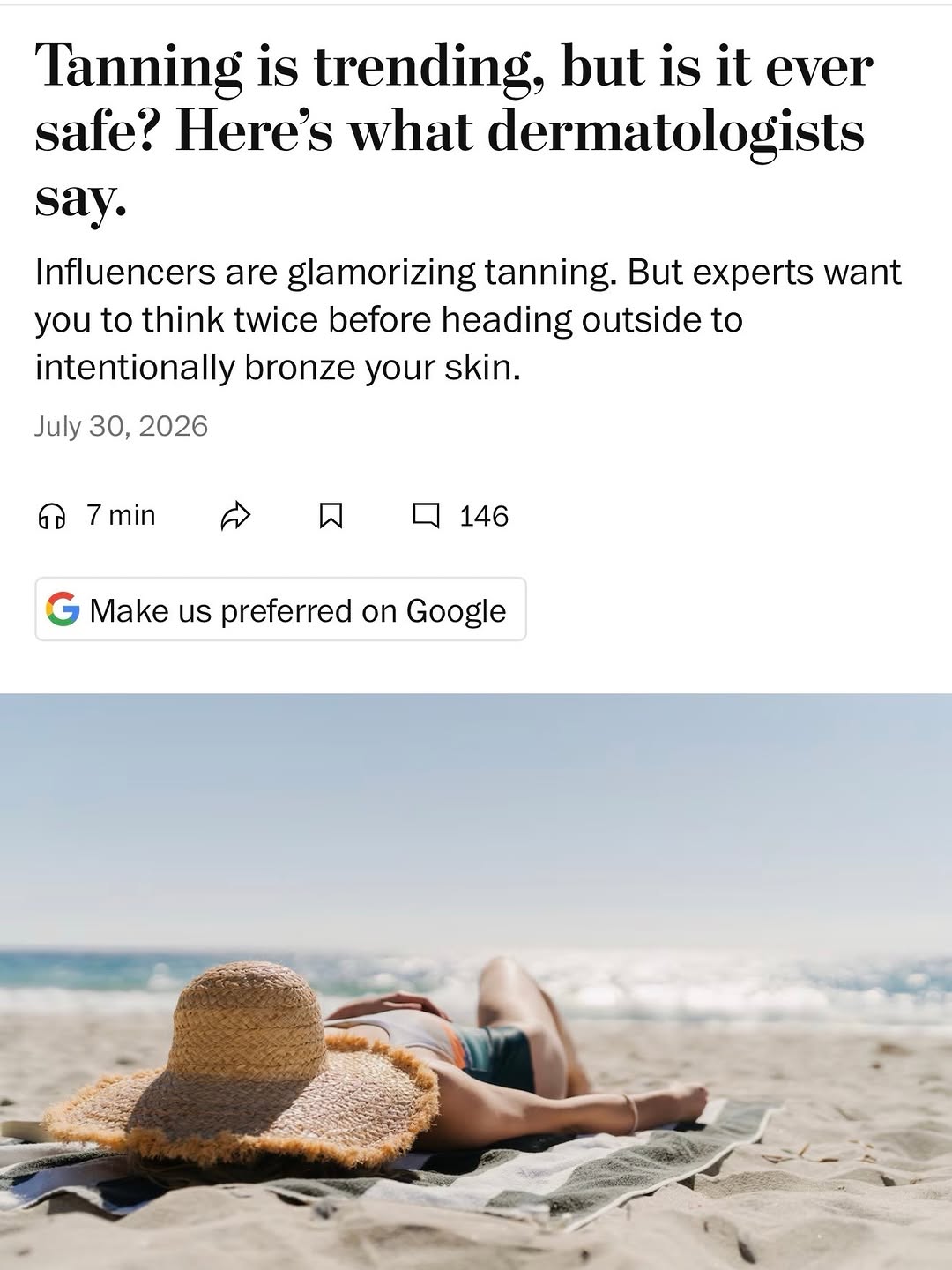 Instagram post by Dr. Maral Skelsey: Is there such a thing as a safe tan? I recently weighed in on one of the most common summer questions, explaining why a tan is actually a si…