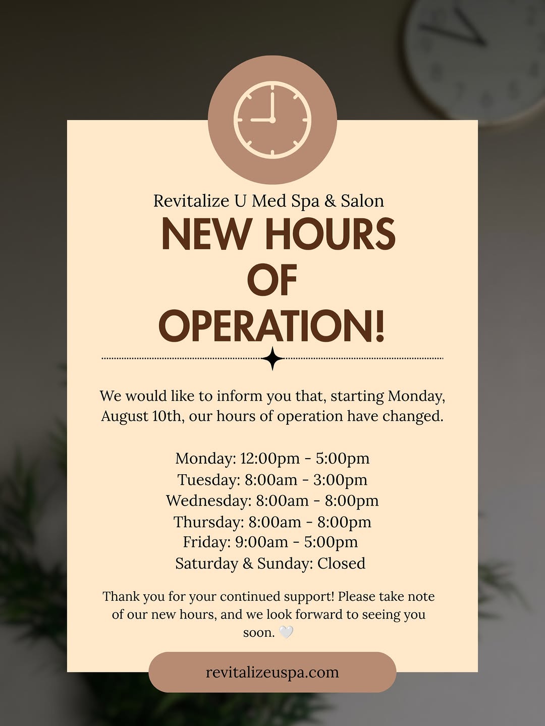 Instagram post by Dr. Marc Polacco: Beginning Monday, August 10th, Revitalize U Med Spa & Salon will have updated hours of operation. Please take a moment to review our new hou…