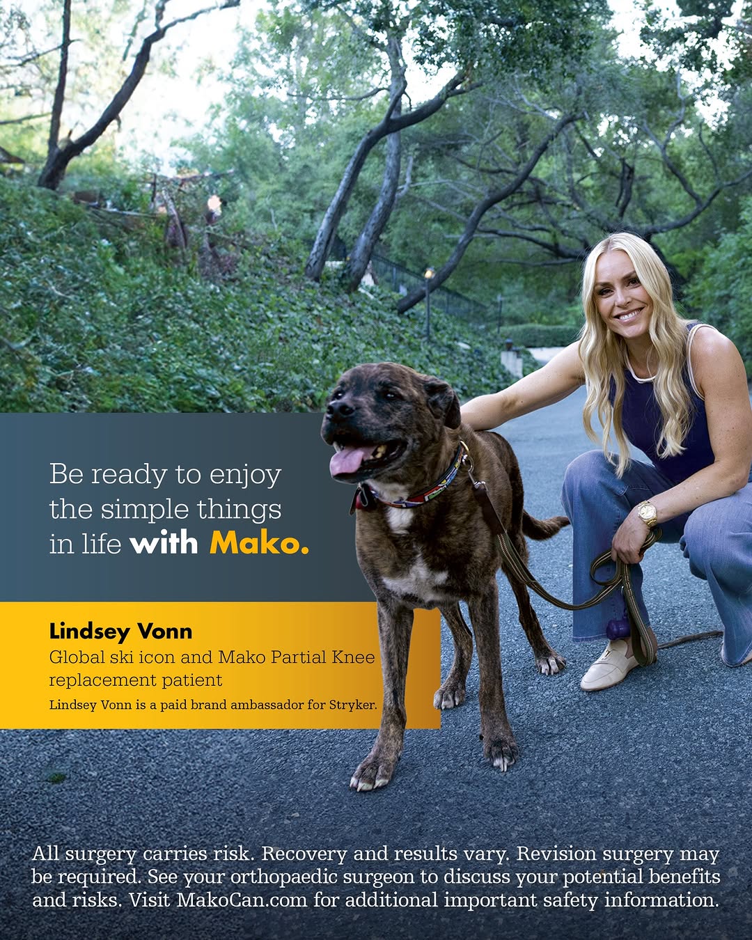 Instagram post by Dr. Marc Schneider: Are you ready to enjoy the simple things in life? Learn more about Mako Partial Knee replacement. Watch Lindsey Vonn’s story, and learn more…