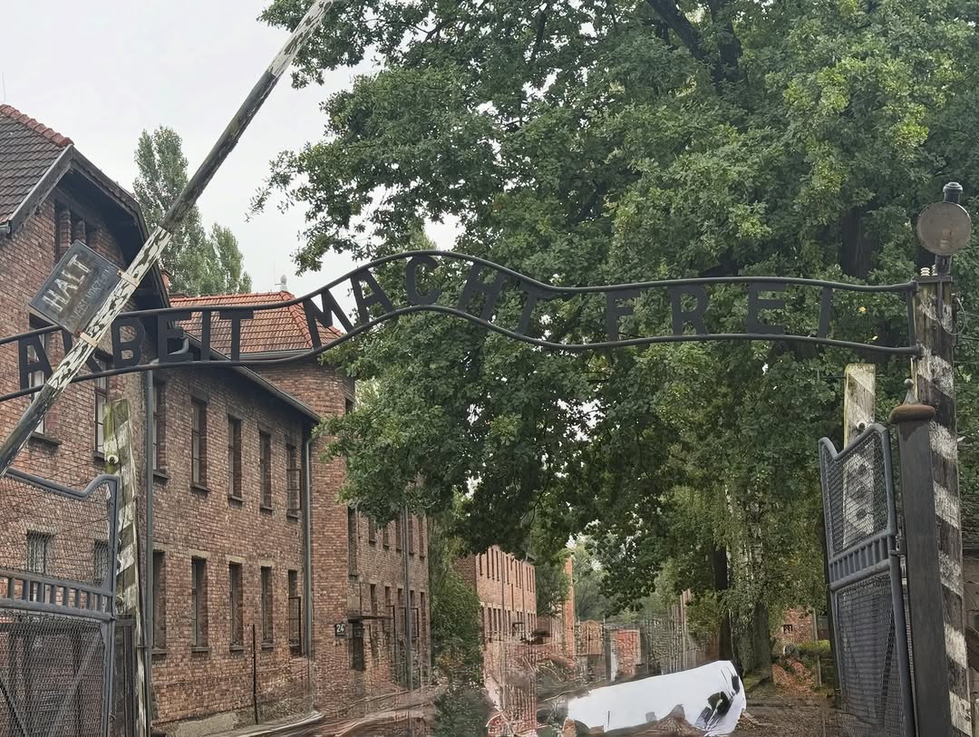 Instagram post by Dr. Marcel Daniels: Arbeit macht frei A flick of a finger decides if you go to the gas chambers or the barracks The gas chamber Crematorium Birkinau The rail ca…