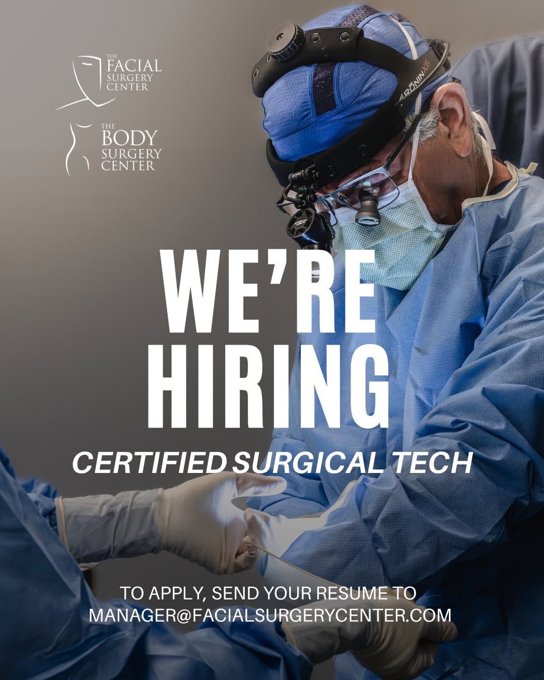 Instagram post by Dr. Marcelo Hochman: WE'RE HIRING! We currently have an opening for a Certified Surgical Technician at the Body and Facial Surgery Center! ✨ ✉️ If you are intere…
