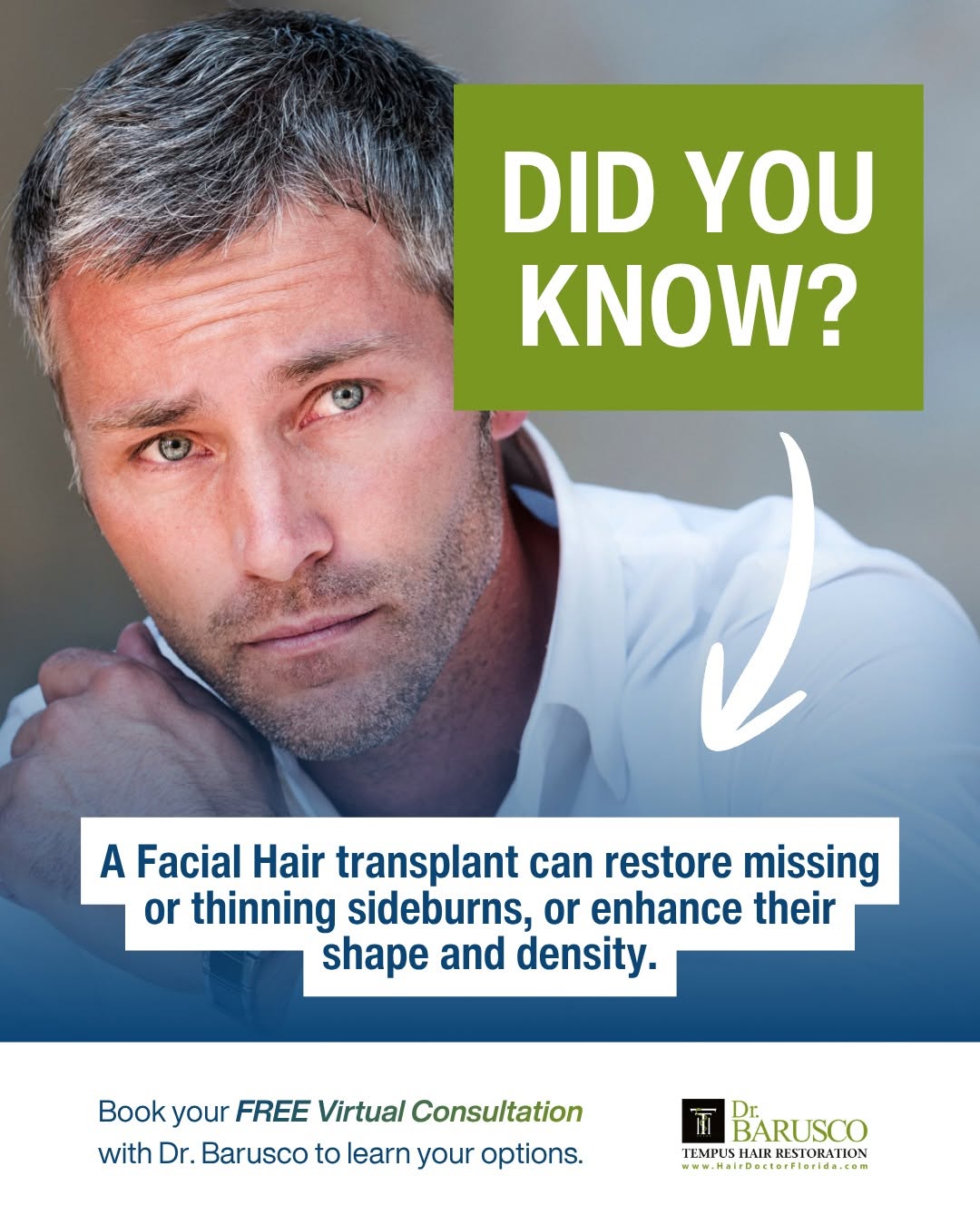 Instagram post by Dr. Marco Barusco: Did you know? A #FacialHair transplant can restore missing or thinning sideburns, or enhance their shape and density. Some patients seek sid…