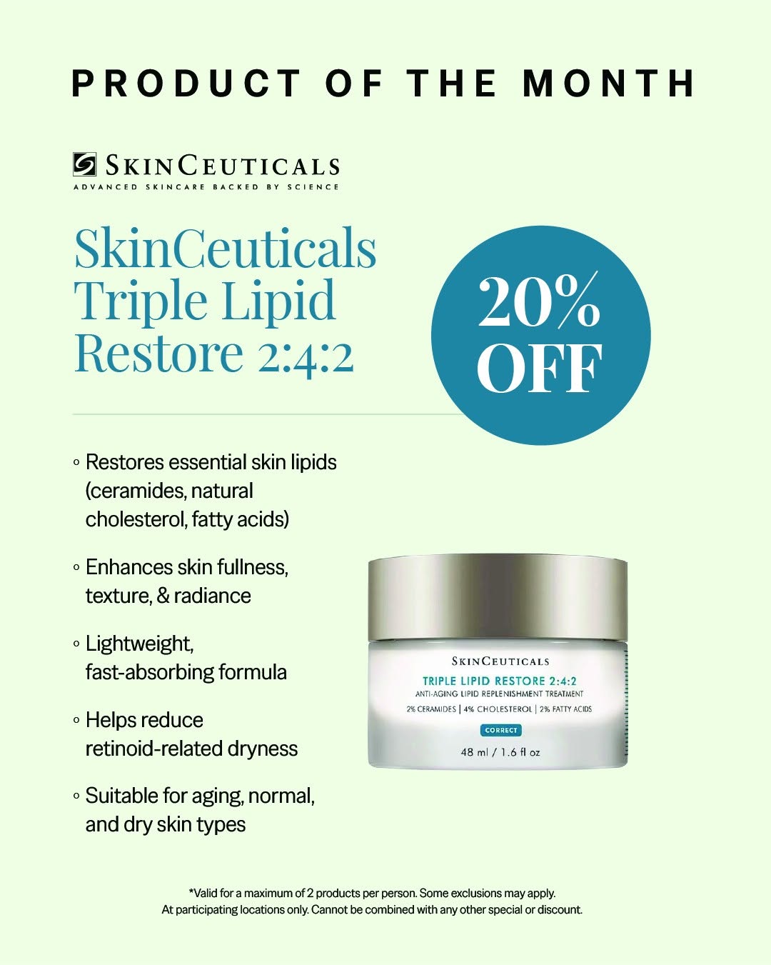 Instagram post by Dr. Margaret Weiss: Restore your skin with one of our favorite anti-aging moisturizers. This month only, take 20% OFF SkinCeuticals Triple Lipid Restore 2:4:2 -…