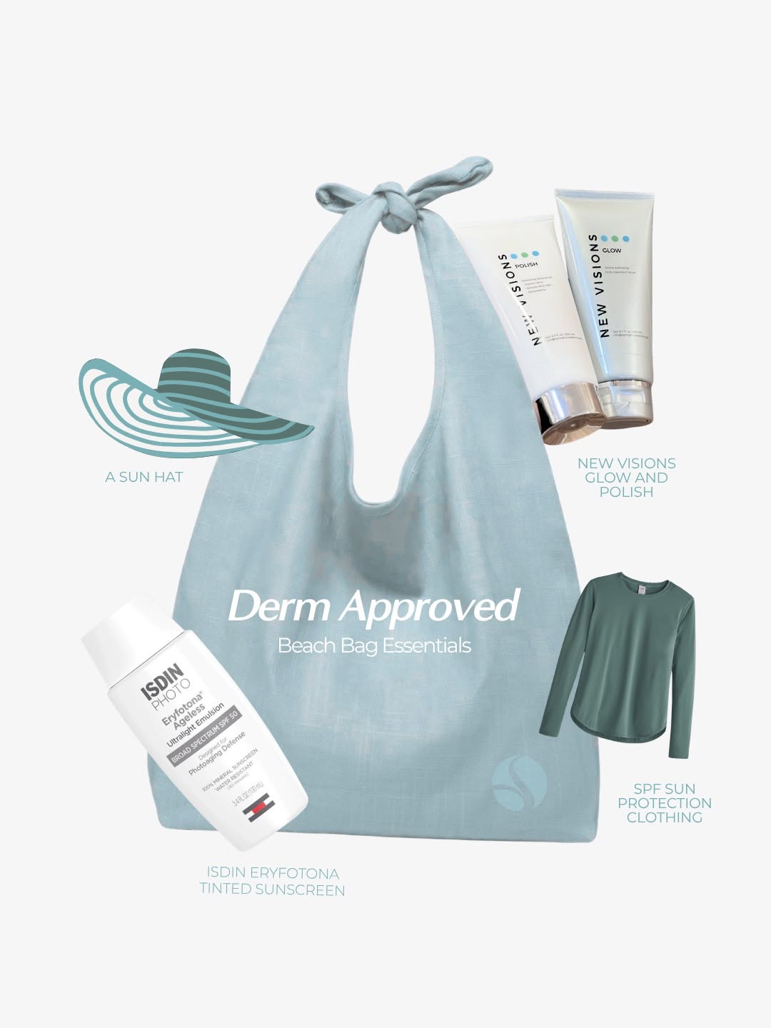 Instagram post by Dr. Margo Weishar: Derm-approved beach bag essentials ☀️ Protecting your skin starts before you step into the sun. Our beach bag must-haves include a broad-spe…