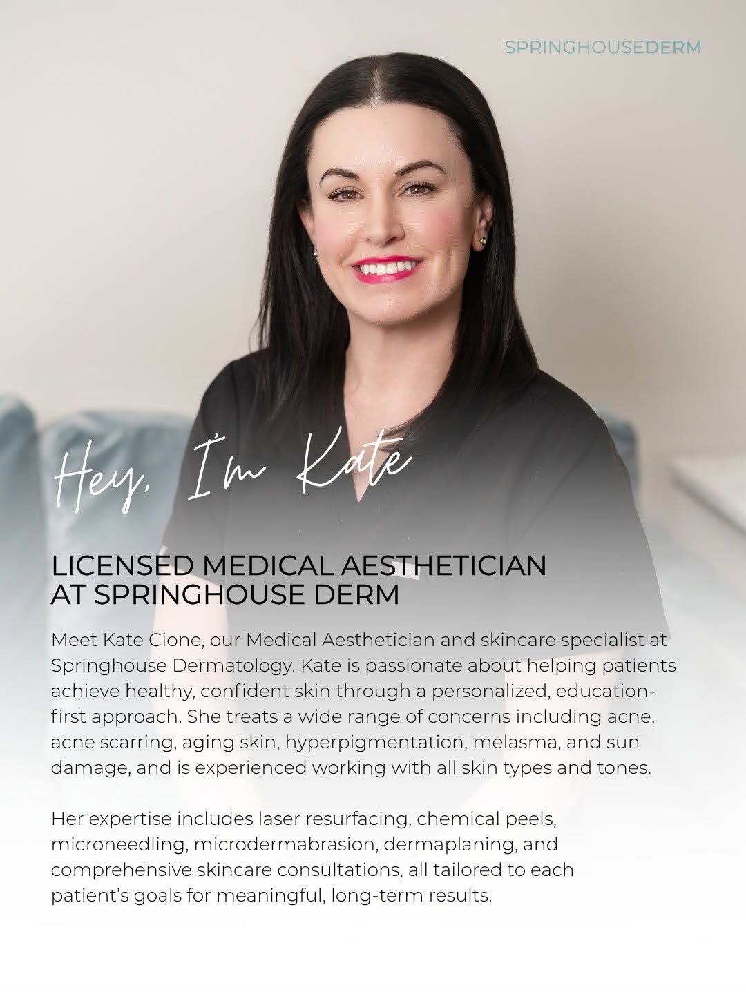 Instagram post by Dr. Margo Weishar: Meet Kate 👋 Kate is a Licensed Medical Aesthetician at Springhouse Dermatology who is passionate about helping patients feel confident in t…