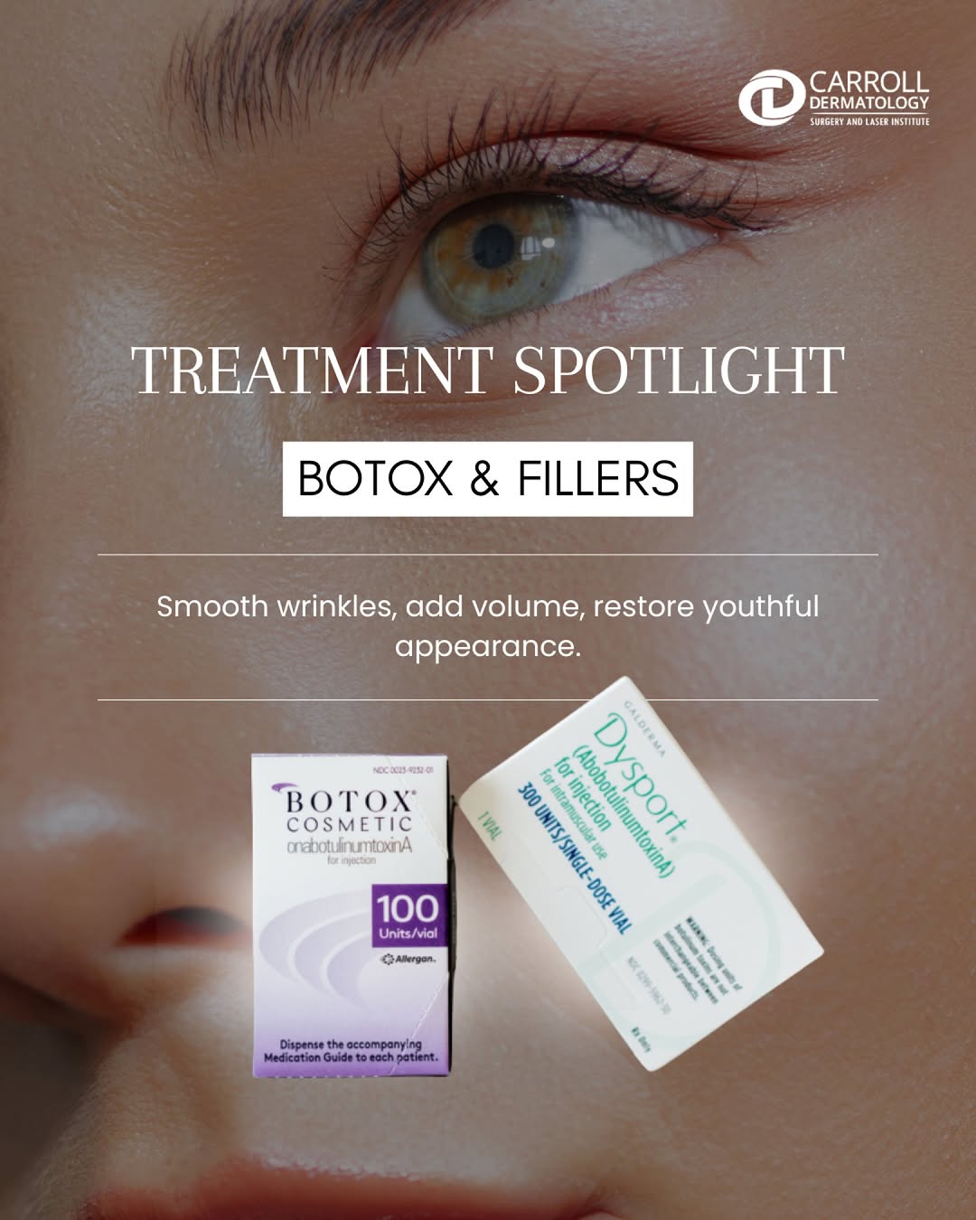Instagram post by Dr. Marianne Carroll: Treatment Spotlight Series✨ Botox – Smooth fine lines and wrinkles for a refreshed, natural-looking appearance. Dermal Fillers – Restore vol…