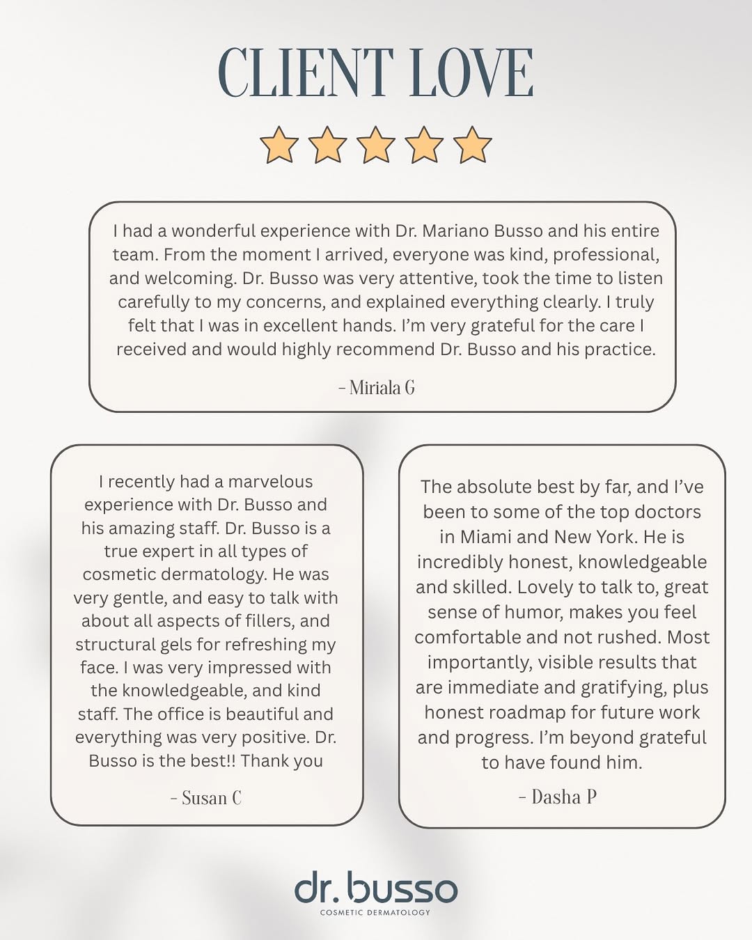 Instagram post by Dr. Mariano Busso: We love hearing from our happy clients! It’s always our mission to make every visit memorable and leave you feeling confident and delighted …