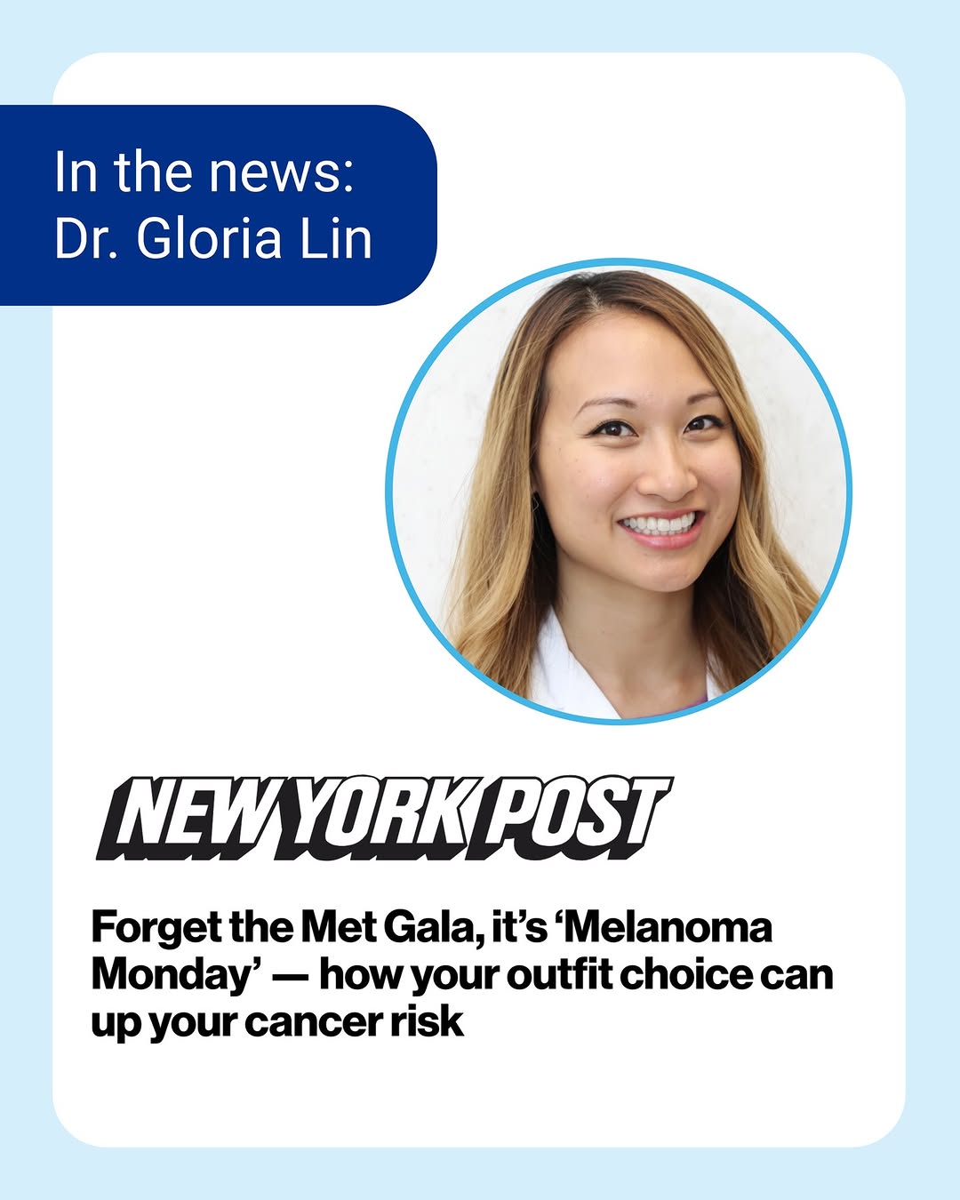 Instagram post by Dr. Marie Anne Giardina-Beckett: What you wear in the sun may impact more than your style choices ☀️ Dr. Gloria Lin shares how clothing color, fabric, and fit can affect UV …