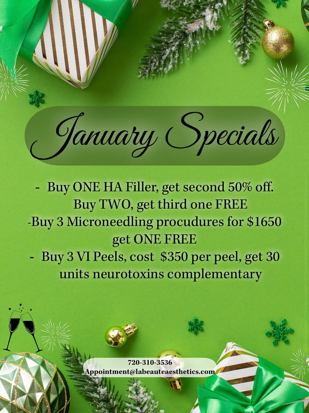Instagram post by Dr. Marina Bachurina: January Specials ✨ Start the year glowing at La Beaute Aesthetics! • Buy ONE HA Filler, get the second 50% off. • Buy TWO HA Fillers, get th…