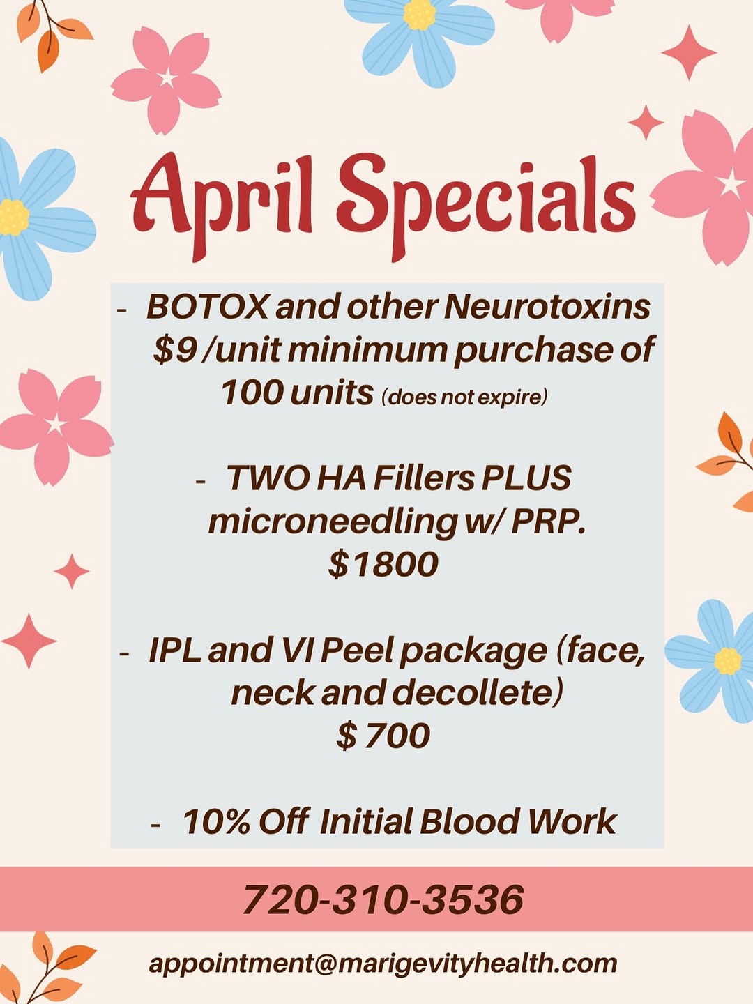Instagram post by Dr. Marina Bachurina: April Specials are here at Marigevity Health! 🌸 Freshen your look just in time for spring: • BOTOX and other neurotoxins only $9/unit with …