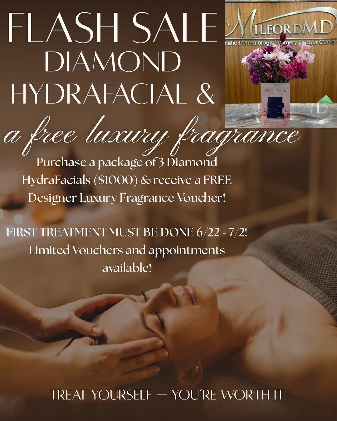 Instagram post by Dr. Marina Buckley: ✨💎 FLASH SALE ALERT! 💎✨ Indulge in radiant, glowing skin with our exclusive Diamond-Level HydraFacial® Package! 🌟 Purchase 3 Diamond Hydr…