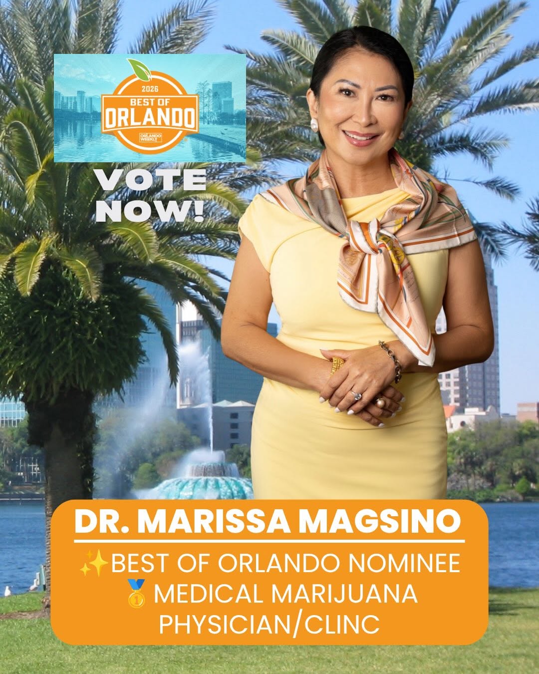 Instagram post by Dr. Marissa Magsino: 🌿 WE NEED YOUR VOTE! 🏆 We’ve been nominated for Best Medical Marijuana Clinic/Physician in Orlando! If we’ve helped improve your wellness …
