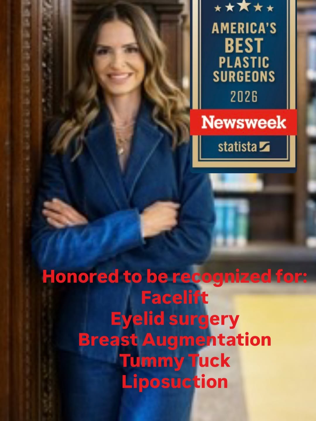Instagram post by Dr. Marissa Tenenbaum: Humbled and honored to once again be recognized as a @newsweek America’s best plastic surgeons Recognized for: Facelift Eyelid Surgery Breas…