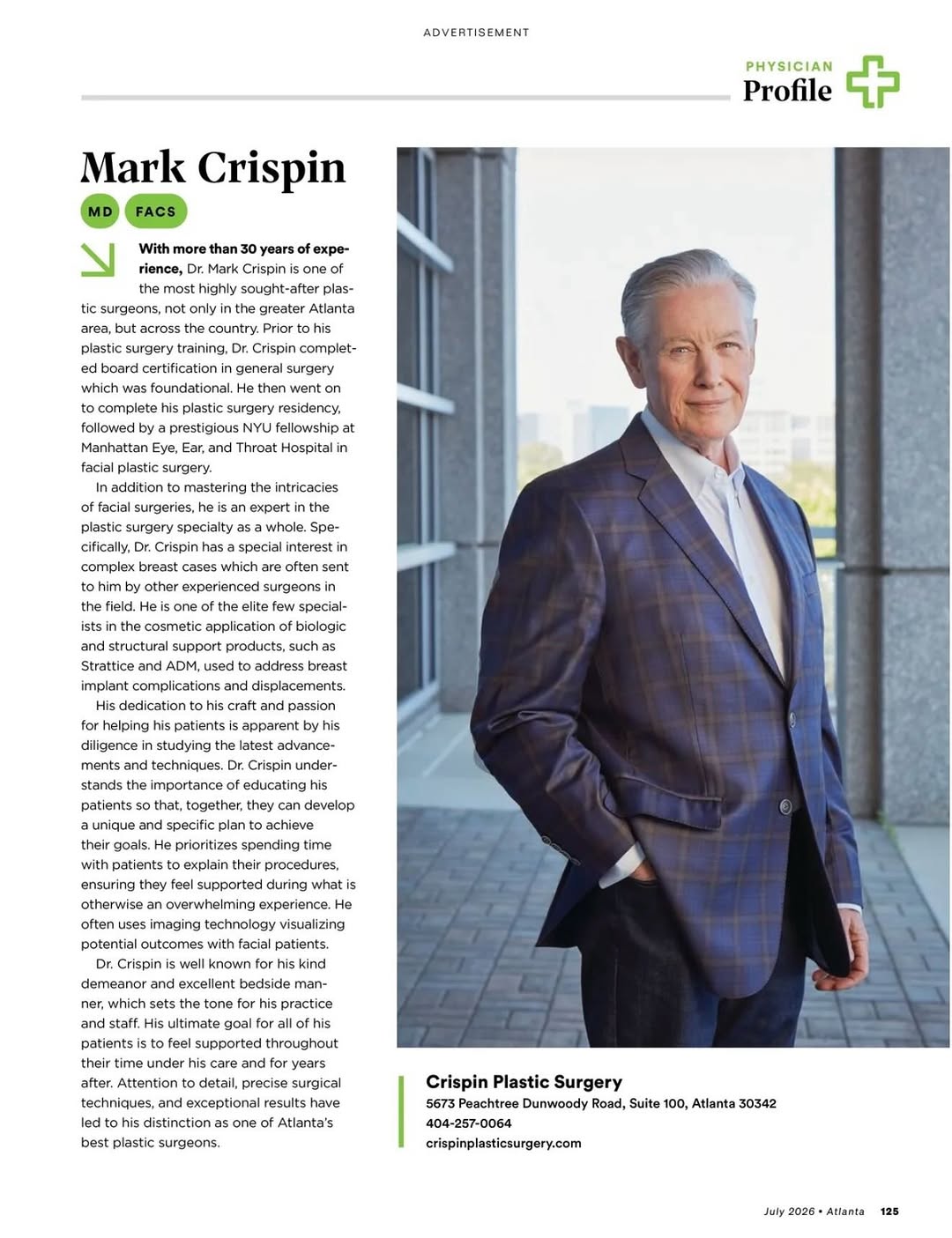 Instagram post by Dr. Mark Crispin: A special moment worth celebrating. ✨ Dr. Mark Crispin has been featured in the 2026 Atlanta Top Doctors issue, recognizing his dedication t…