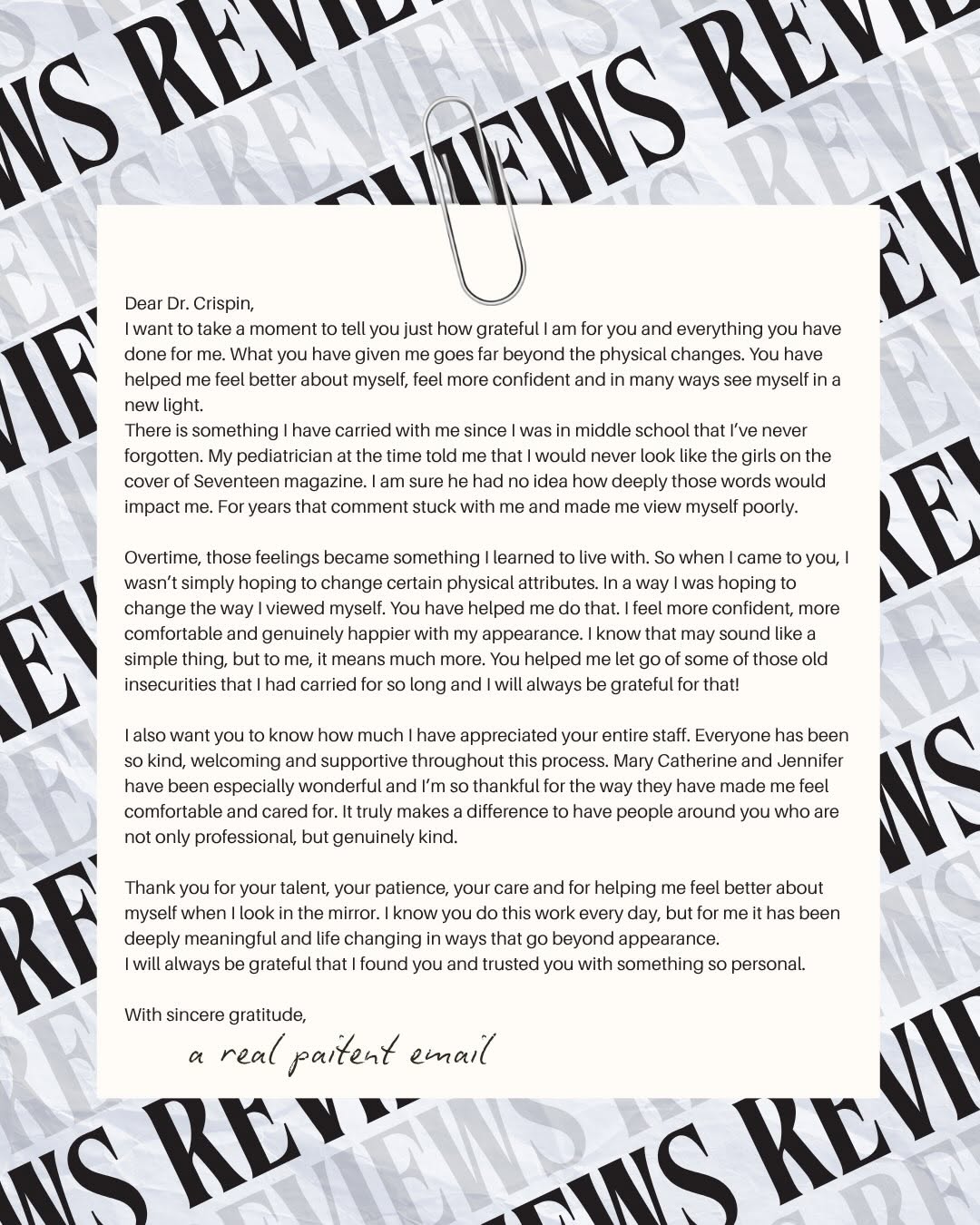 Instagram post by Dr. Mark Crispin: This email came across Dr. Crispin’s inbox, and after sharing it with our entire team, we knew we wanted to share it with all of you. 🤍 Mes…