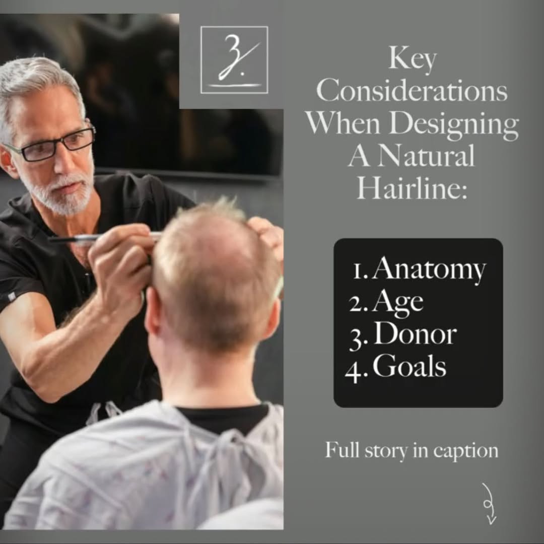 Instagram post by Dr. Mark Faucher: 1. A patient's facial anatomy: we ensure that the designed hairline will be complimentary to their unique facial shape and bone structure. .…