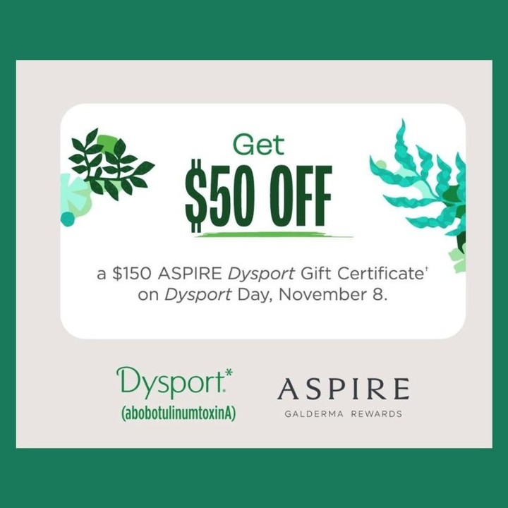 Instagram post by Dr. Mark L. Jewell: Dysport Day is November 8th, 2023. Get $50.00 OFF a $150.00 Gift Certificate through Aspire. Hillary Jewell, FNP will give an additional $25…