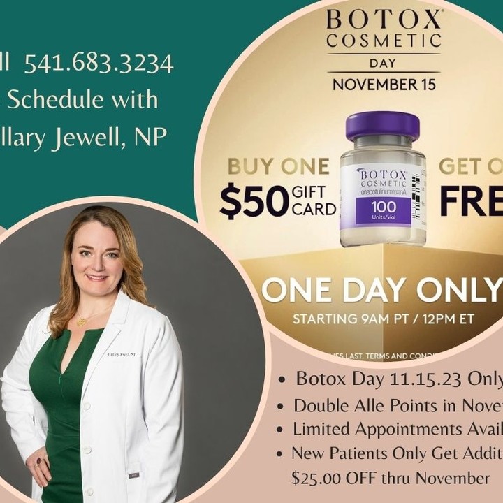 Instagram post by Dr. Mark L. Jewell: BOTOX DAY is COMING!!!! November 15.2023. Buy One $50.00 Gift Certificates and Get One Free. Purchase Gift Certificates thru Alle. Get Doubl…