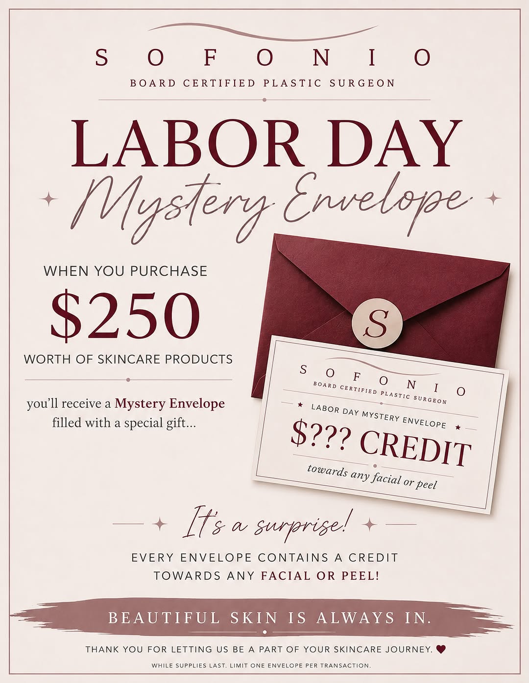 Instagram post by Dr. Mark Sofonio: Spend $250 on any retail skincare products and receive an exclusive Mystery Envelope featuring a special offer to enjoy toward your next fac…