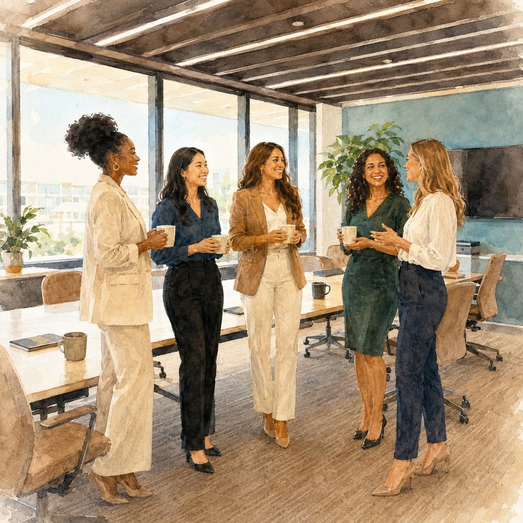 Watercolor illustration of five diverse professional women chatting over coffee in a bright modern meeting room, surrounded by floor-to-ceiling windows, a long conference table, contemporary chairs, a