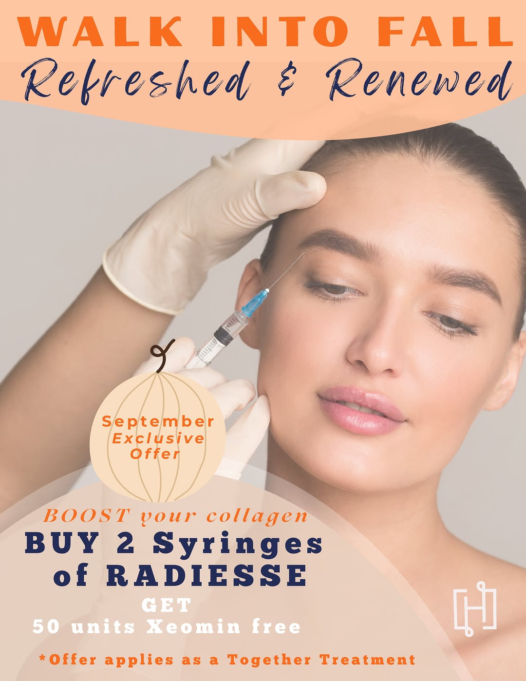 Instagram post by Dr. Mary C. Herte: 🍁Walk into FALL🍁 #refreshed #renewed with an #hertecenter Exclusive Offer: Purchase 2 syringes of #radiesse and receive 50 units of #xeomi…