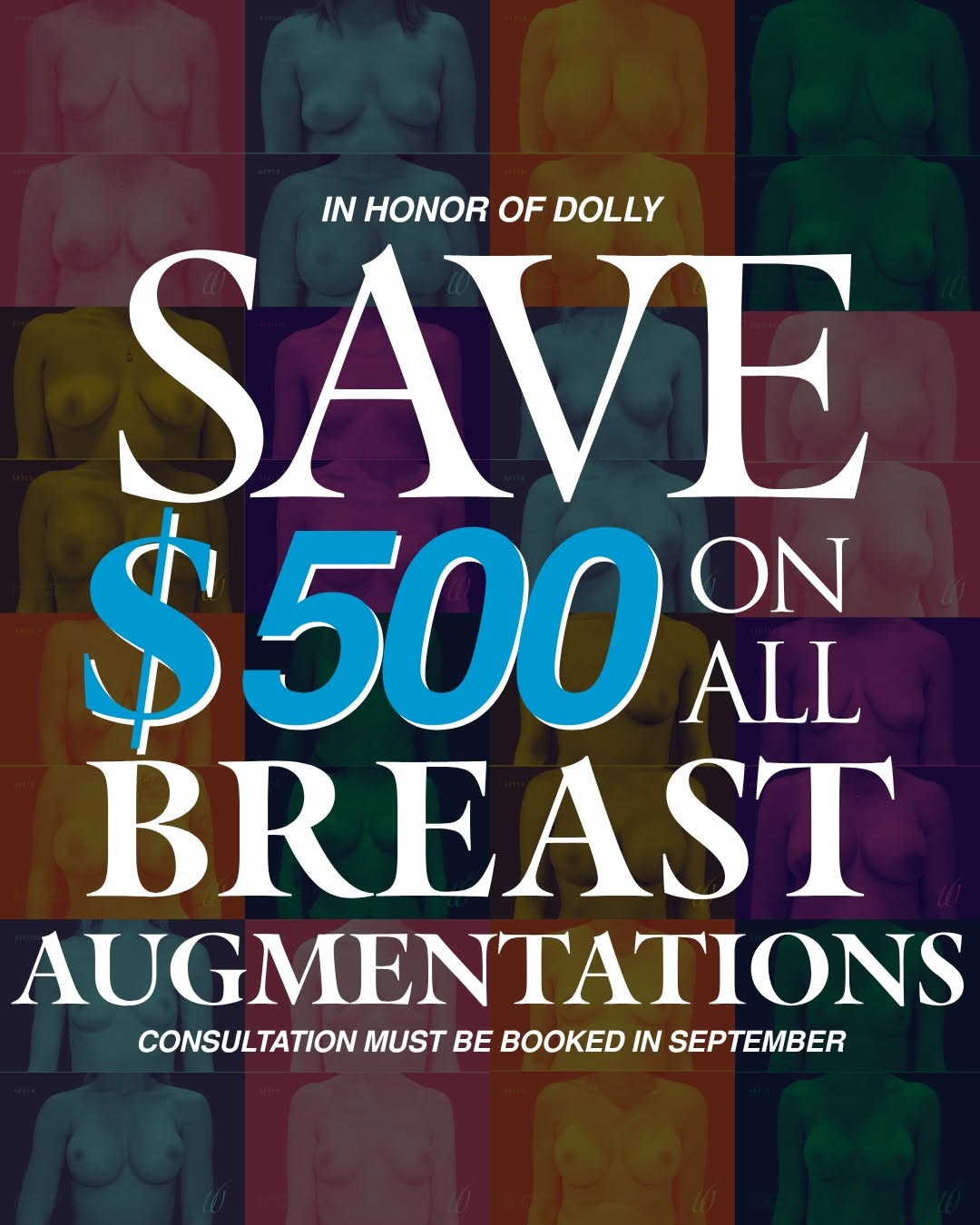 Instagram post by Dr. Mary Ghere: Dolly Sized Savings! 🦋🌈🌻 We are offering $500 off breast augmentation surgery for everyone who schedules their consultation this Septembe…