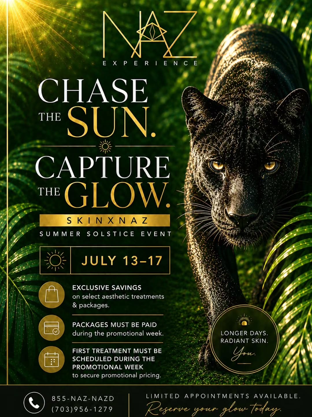 Instagram post by Dr. Maryam Nazemzadeh: The hunt for glowing skin ends here. 🐆 ☀️ The Summer Solstice Event has arrived. ☀️ Exclusive pricing. Luxury treatments. Limited availabil…