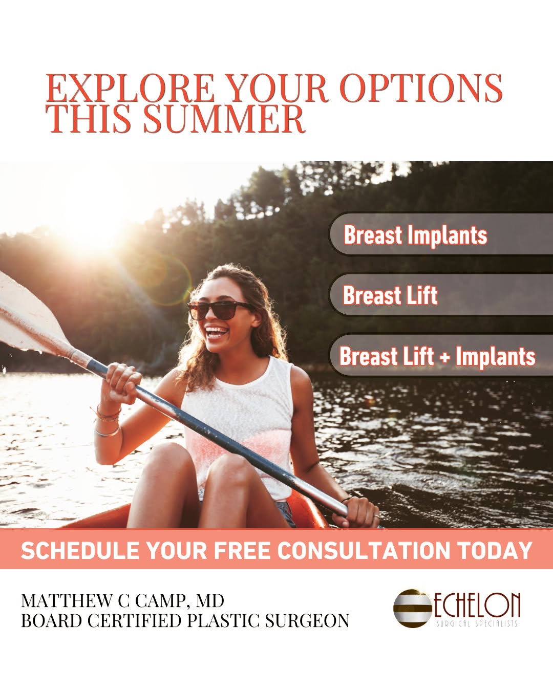 Instagram post by Dr. Matthew C. Camp: 🌞Explore all of the breast enhancement options available for you this summer by scheduling your free consultation with board certified plas…