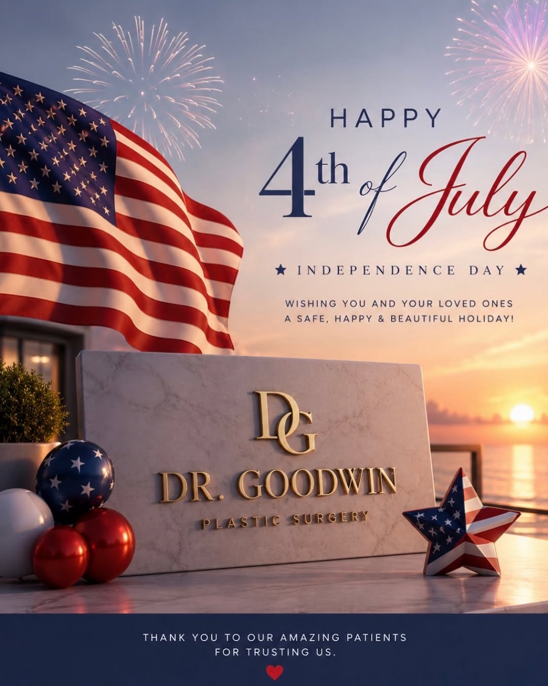 Instagram post by Dr. Matthew D. Goodwin: 🇺🇸✨ Happy 4th of July from Dr. Goodwin and our entire team! ❤️🤍💙 Today we celebrate freedom, gratitude, and the incredible community we’…