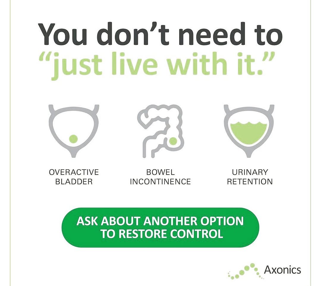 Instagram post by Dr. Matthew H. Clark: Axonics therapy is an effective solution for treating overactive bladder (including urinary urge incontinence), bowel (fecal) incontinence, …